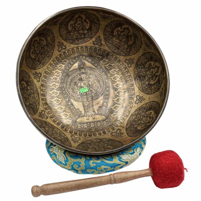 Buddhist Hand Beaten Jambati Singing Bowl, With Super Fine Etching Carving Of [108 Hand Sahasrabhuja Avalokitesvara], [select Accessories]
