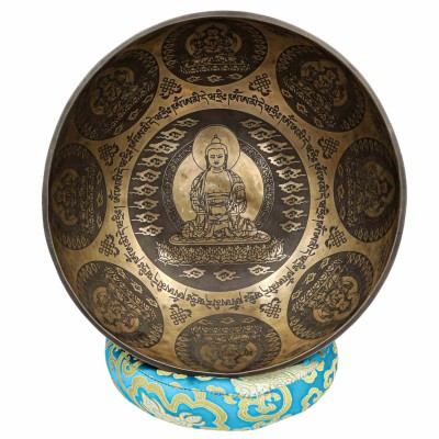 Buddhist Hand Beaten Jambati Singing Bowl, With Super Fine Etching Carving Of [amitabha Buddha], [select Accessories]