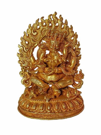 Statue Of Sitting [four Arm Mahakala] With Consort With Consort, [shakti], Yab-yum [full Fire Gold Plated]