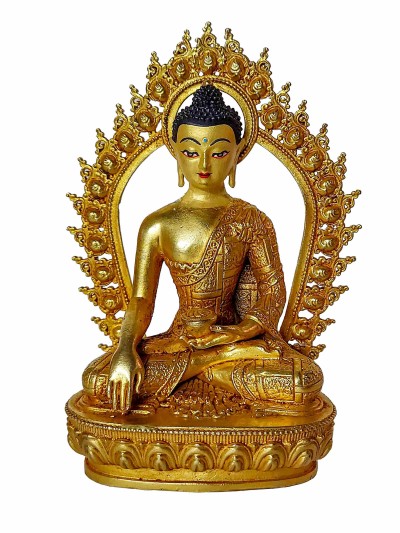Buddhist Statue Of [shakyamuni Buddha] In Throne, Full Gold Plated, With Painted Face