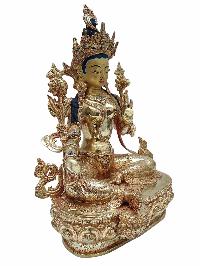 Buddhist Handmade Statue Of Green Tara, [full Fire Gold Plated] With Painted Face
