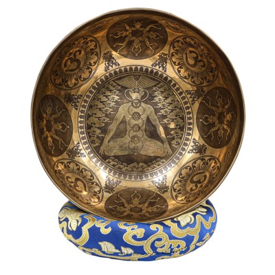 Buddhist Hand Beaten Jambati Singing Bowl, With Premium Etching Carving Of [yoga Man]