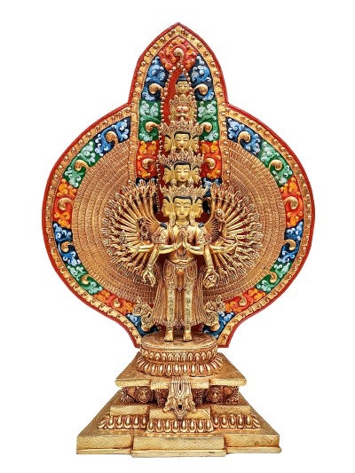 Buddhist Handmade Statue Of [1000] Thousand Arms Sahasrabhuja Avalokitesvara, Full Fire Gold Plated, Painted Face