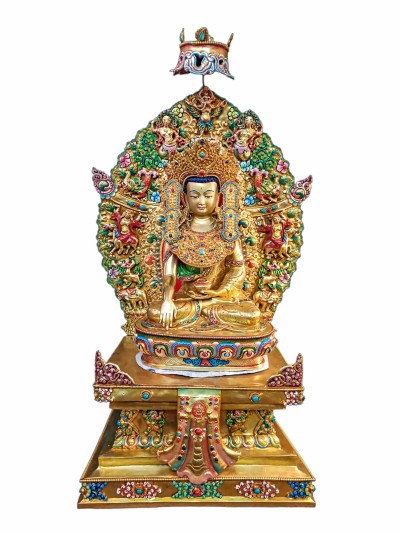 Buddhist Handmade Statue Of Crown Shakyamuni Buddha On Throne, [full Fire Gold Plated, Stone Setting, Face Painted]