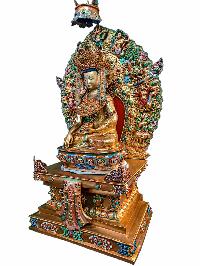 Buddhist Handmade Statue Of Crown Shakyamuni Buddha On Throne, [full Fire Gold Plated, Stone Setting, Face Painted]
