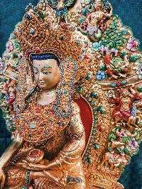 Buddhist Handmade Statue Of Crown Shakyamuni Buddha On Throne, [full Fire Gold Plated, Stone Setting, Face Painted]