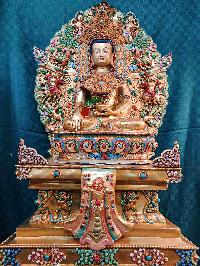 Buddhist Handmade Statue Of Crown Shakyamuni Buddha On Throne, [full Fire Gold Plated, Stone Setting, Face Painted]