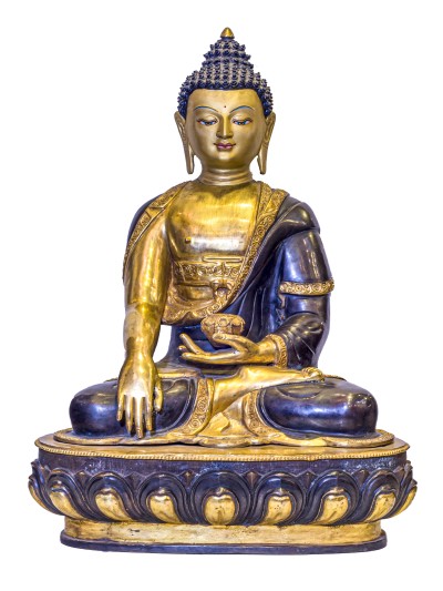 Buddhist Handmade Statue Of Shakyamuni Buddha, [antique Finishing], [gold Plated], Face Painted