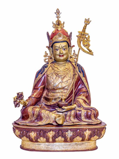Buddhist Handmade Statue Of Padmasambhava [guru Rinpoche], [antique Finishing], [gold Plated], Face Painted