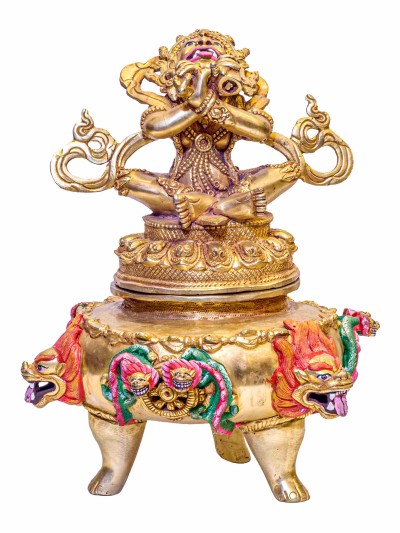 Buddhist Handmade Mahakala Incense Burner, [mahakala] Dhoop Dani, [gold Plated], [traditional Color Finishing]