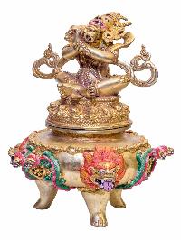 Buddhist Handmade Mahakala Incense Burner, [mahakala] Dhoop Dani, [gold Plated], [traditional Color Finishing]