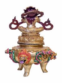 Buddhist Handmade Mahakala Incense Burner, [mahakala] Dhoop Dani, [gold Plated], [traditional Color Finishing]