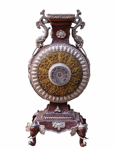 Copper Elephant Base Flower Vase With Resin [yellow] And Zade Stone, [silver And Copper Plated]