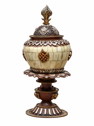 Gold Coloured Offering With Camel Bone Lotus Bowl Made On Copper, [silver Plated]
