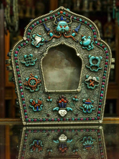 Copper Ghau Box Wit [stone Setting], [ashtamangala], [stone Setting]