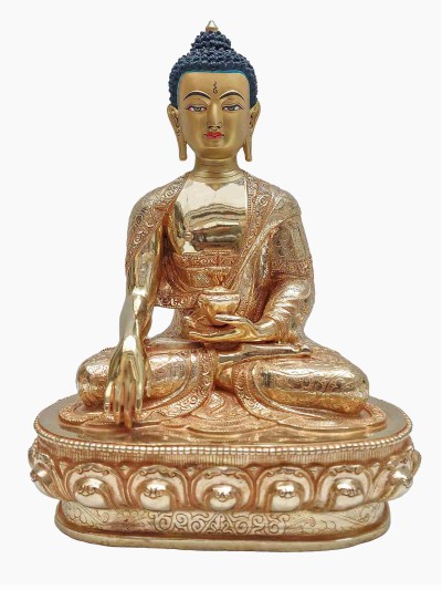 Buddhist Handmade Statue Of Shakyamuni Buddha, [full Fire Gold Plated] With Painted Face