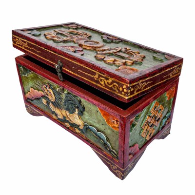 [traditional Tibetan], Ritual Jeweler And Ritual Item Vajra Box With Endless Knot And Tiger Design, [painted]