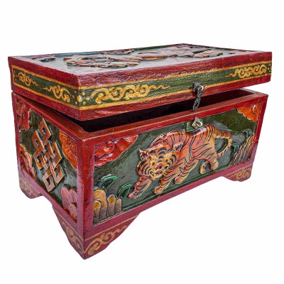 [traditional Tibetan], Ritual Jeweler And Ritual Item Vajra Box With Endless Knot And Tiger Design, [painted]
