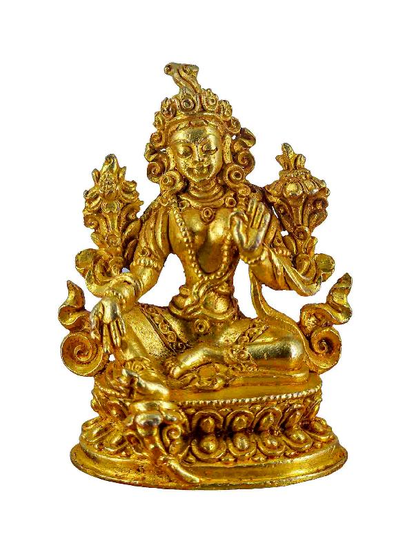 Buddhist Miniature Statue Of Green Tara, [gold Plated]