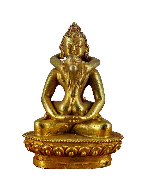 Buddhist Miniature Statue Of Samantabhadra [buddha Shakti], [gold Plated]