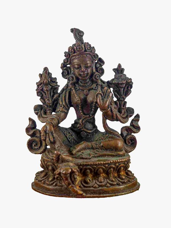 Buddhist Miniature Statue Of Green Tara, [chocolate Oxidized]
