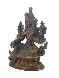 Buddhist Miniature Statue Of Green Tara, [chocolate Oxidized]