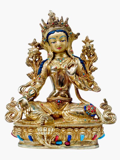 Buddhist Handmade Statue Of Green Tara, [full Fire Gold Plated], [stone Setting] With Painted Face