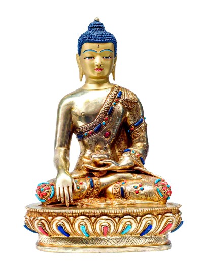 Buddhist Handmade Statue Of Shakyamuni Buddha, [full Fire Gold Plated], [stone Setting] With Painted Face