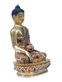 Buddhist Handmade Statue Of Shakyamuni Buddha, [full Fire Gold Plated], [stone Setting] With Painted Face