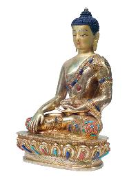Buddhist Handmade Statue Of Shakyamuni Buddha, [full Fire Gold Plated], [stone Setting] With Painted Face