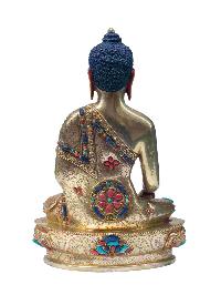 Buddhist Handmade Statue Of Shakyamuni Buddha, [full Fire Gold Plated], [stone Setting] With Painted Face