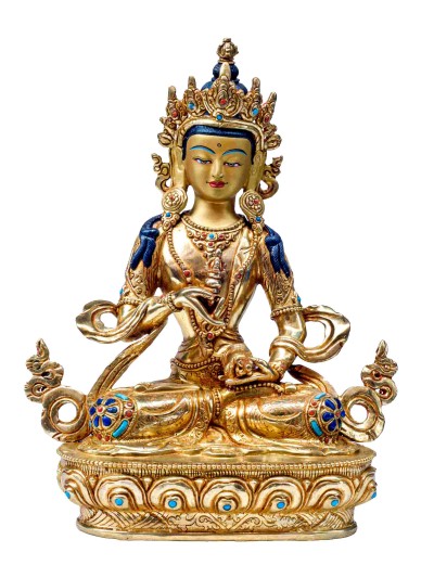 Buddhist Handmade Statue Of Vajrasattva, [full Fire Gold Plated], [stone Setting] With Painted Face