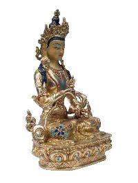 Buddhist Handmade Statue Of Vajrasattva, [full Fire Gold Plated], [stone Setting] With Painted Face