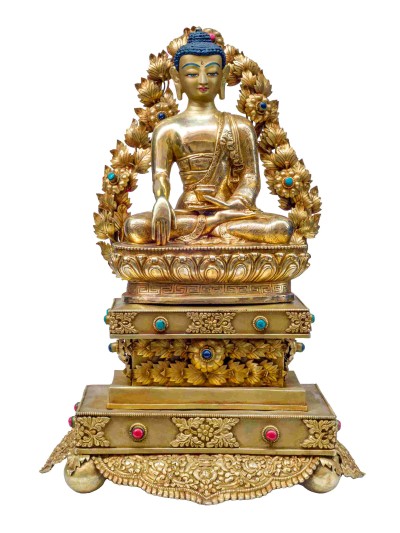 Buddhist Handmade Statue Of Shakyamuni Buddha On Throne, [full Fire Gold Plated] With Painted Face