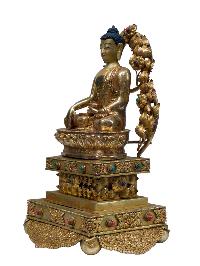 Buddhist Handmade Statue Of Shakyamuni Buddha On Throne, [full Fire Gold Plated] With Painted Face