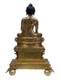 Buddhist Handmade Statue Of Shakyamuni Buddha On Throne, [full Fire Gold Plated] With Painted Face