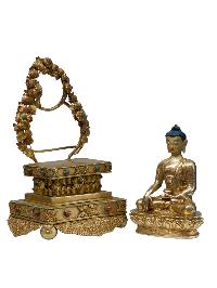 Buddhist Handmade Statue Of Shakyamuni Buddha On Throne, [full Fire Gold Plated] With Painted Face