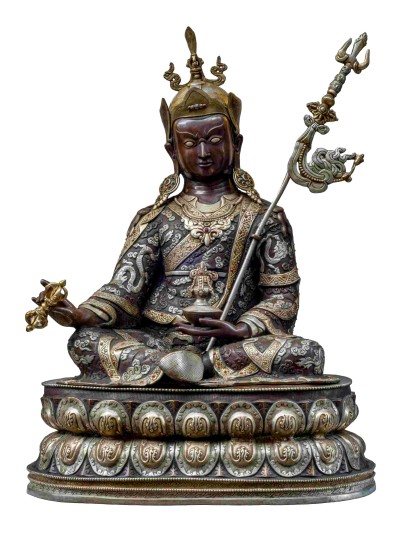 Buddhist Handmade Statue Of Padmasambhava [guru Rinpoche], [chocolate Oxidized], [antique]
