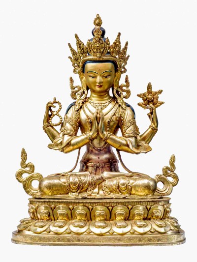 Buddhist Handmade Statue Of Chenrezig, [full Fire Gold Plated] With Painted Face