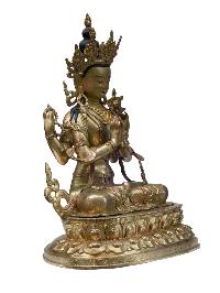 Buddhist Handmade Statue Of Chenrezig, [full Fire Gold Plated] With Painted Face