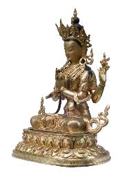 Buddhist Handmade Statue Of Chenrezig, [full Fire Gold Plated] With Painted Face