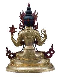 Buddhist Handmade Statue Of Chenrezig, [full Fire Gold Plated] With Painted Face