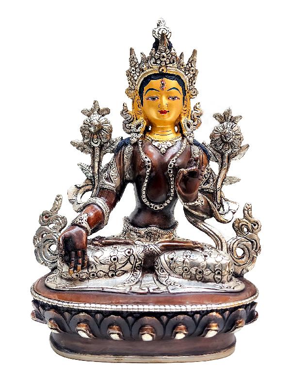 Buddhist Handmade Statue Of White Tara, [silver Plated And Chocolate Oxidized] With Painted Face