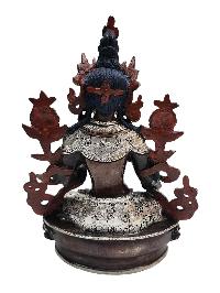 Buddhist Handmade Statue Of White Tara, [silver Plated And Chocolate Oxidized] With Painted Face