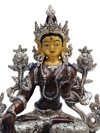 Buddhist Handmade Statue Of White Tara, [silver Plated And Chocolate Oxidized] With Painted Face