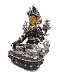 Buddhist Handmade Statue Of White Tara, [silver Plated And Chocolate Oxidized] With Painted Face