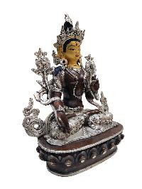 Buddhist Handmade Statue Of White Tara, [silver Plated And Chocolate Oxidized] With Painted Face