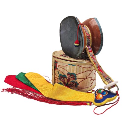 Chod Damru, The Tibetan [chod Damaru], [medium Quality] A Traditional Musical Instrument From Tibet, [high Quality Wood] With Brocade Cover And Tail
