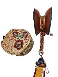 Chod Damru, The Tibetan [chod Damaru], [medium Quality] A Traditional Musical Instrument From Tibet, [high Quality Wood] With Brocade Cover And Tail