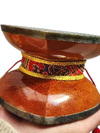 Chod Damru, The Tibetan [chod Damaru], [medium Quality] A Traditional Musical Instrument From Tibet, [high Quality Wood] With Brocade Cover And Tail